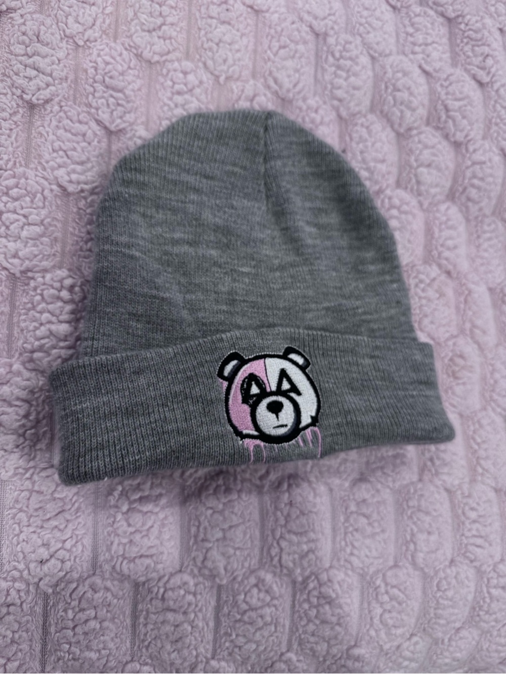 Gray Knit Beanie with Pink & White Bear Patch